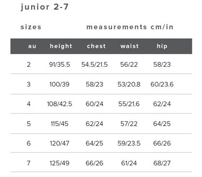 Bardot Junior Size Guide Measurements